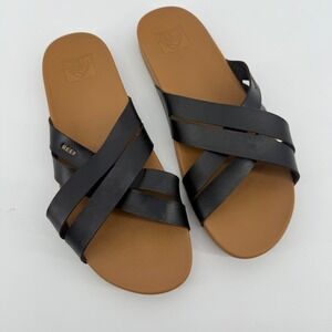 Reef Cushion Spring Bloom Slides Black‎ Leather Crisscross Womens Size 10 NEW